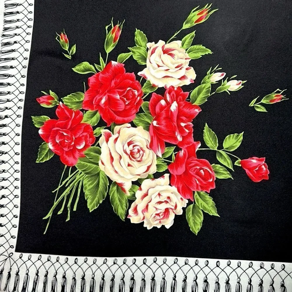 Lulu Guinness Silk Scarf “Life is a Bed of Roses” Black Floral Print Hand Rolled